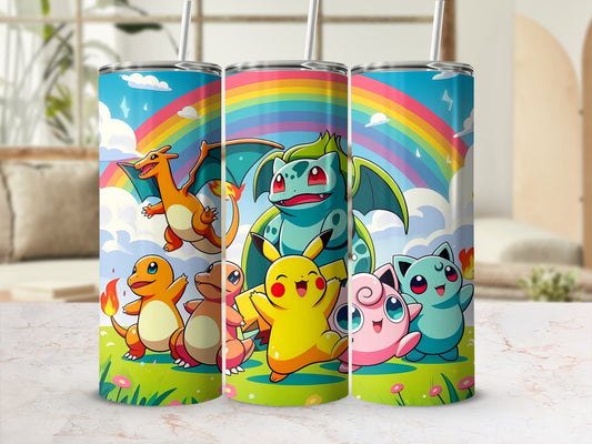 Colorful Pokemon Characters on Rainbow Background Tumbler