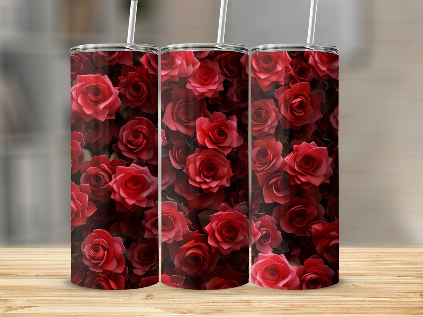 Three tumblers with a seamless pattern of deep red roses.
