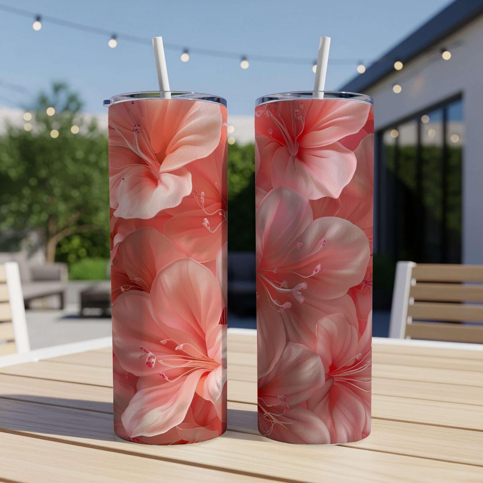 Two tumblers with a pink hibiscus flower pattern sit on a wooden table.