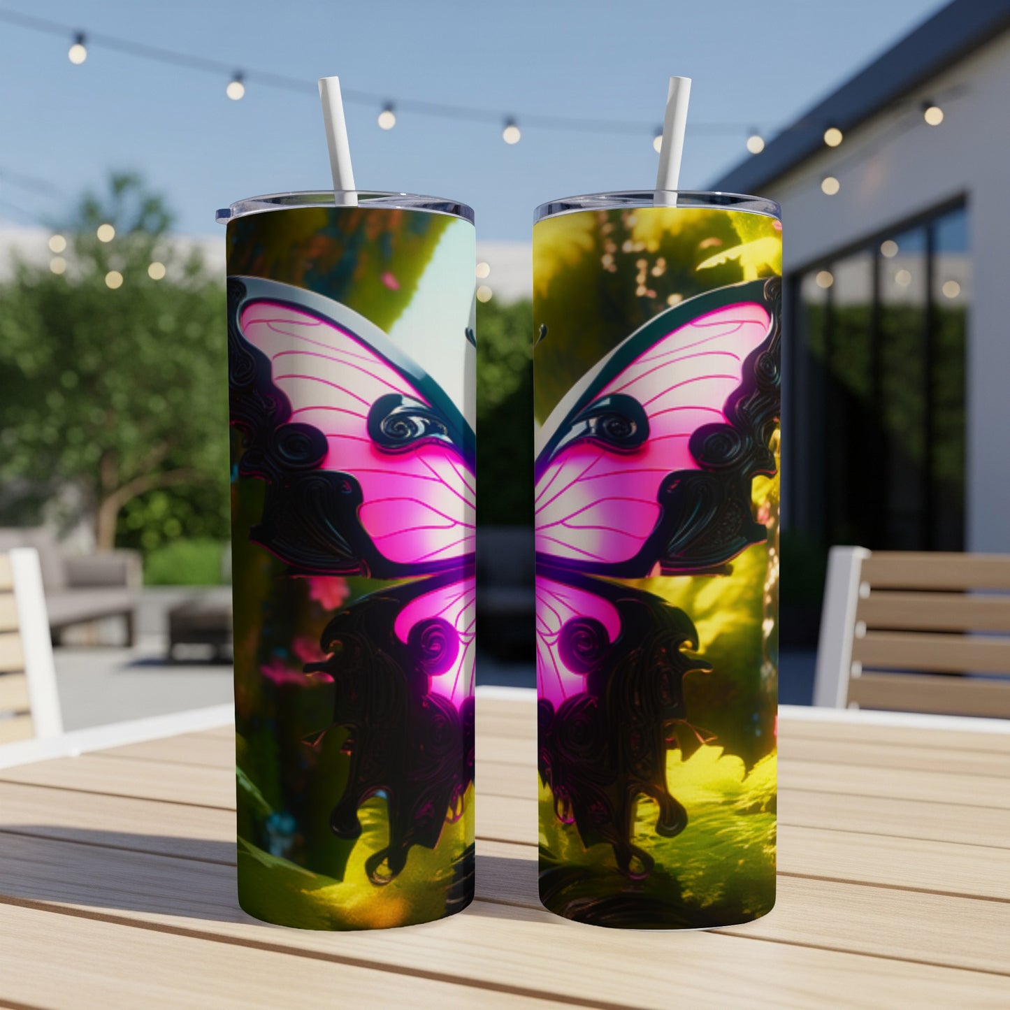 Two tall tumblers with vibrant pink and black butterfly wings design.