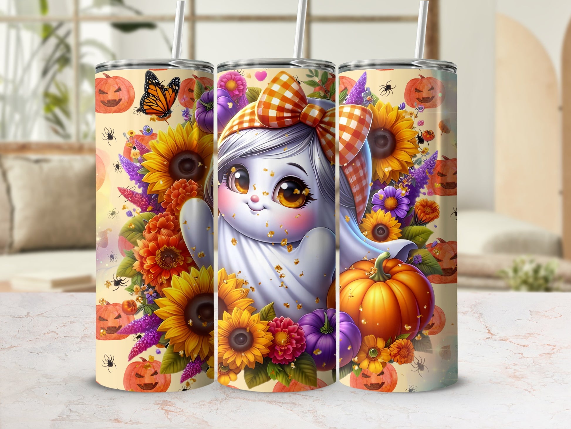 Halloween Ghost and Fall Flowers Stainless Steel Tumbler