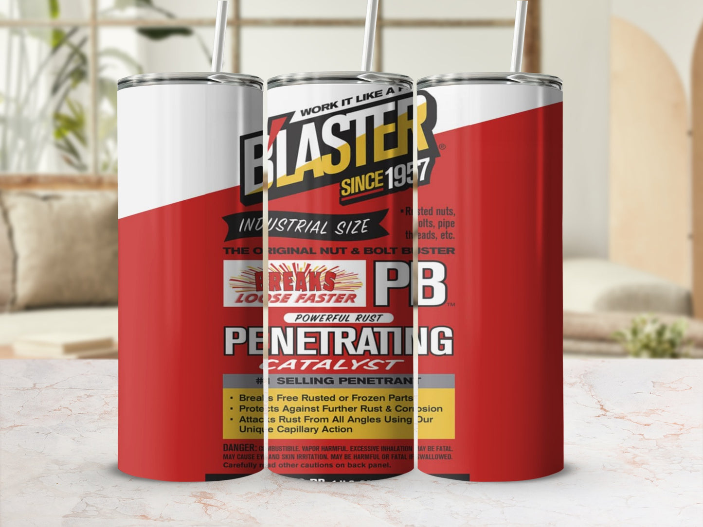 Blaster PB penetrating catalyst tumbler with brand and product information.