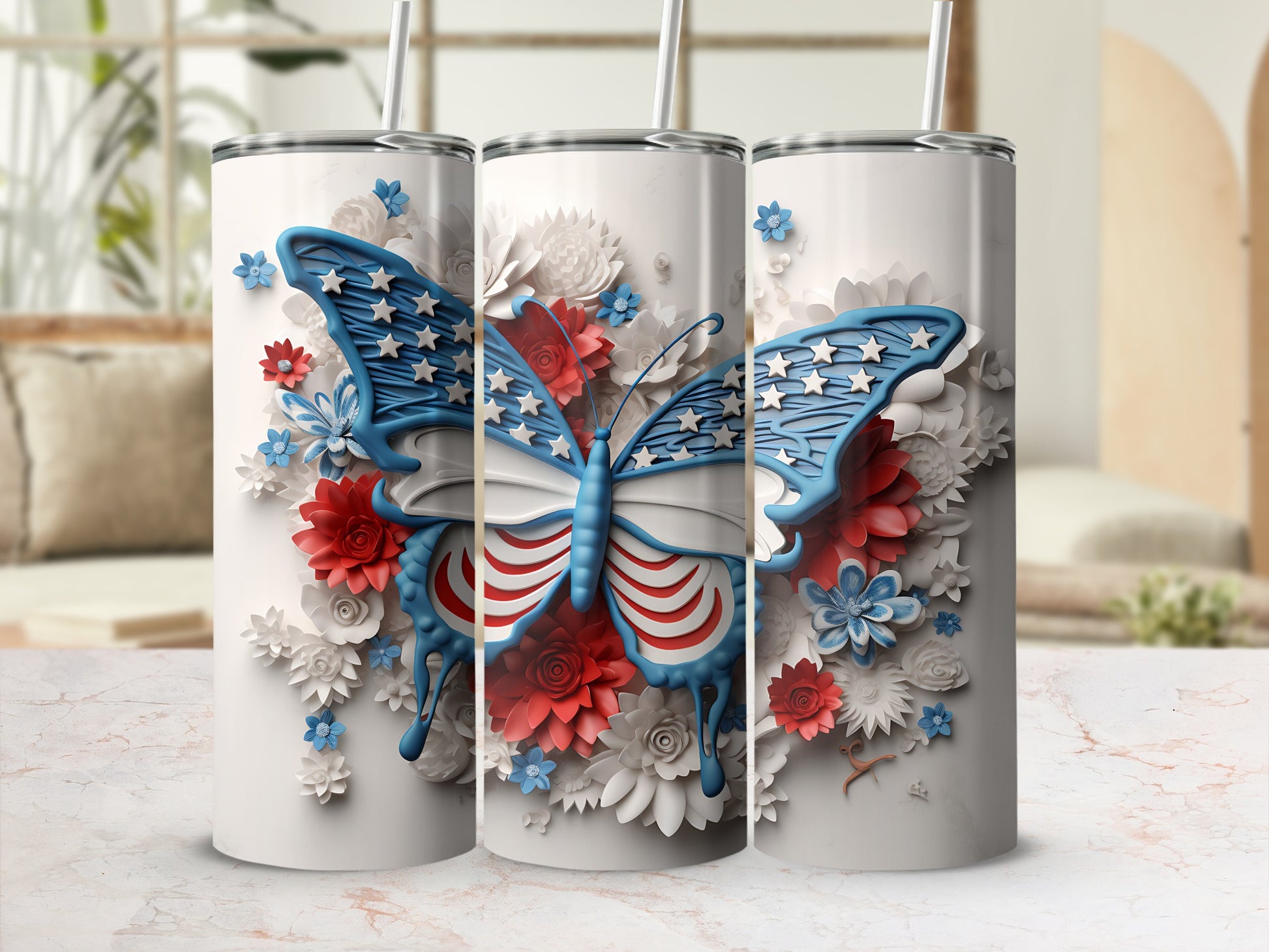 Three white tumblers featuring a patriotic butterfly design with red, white, and blue stars and stripes.
