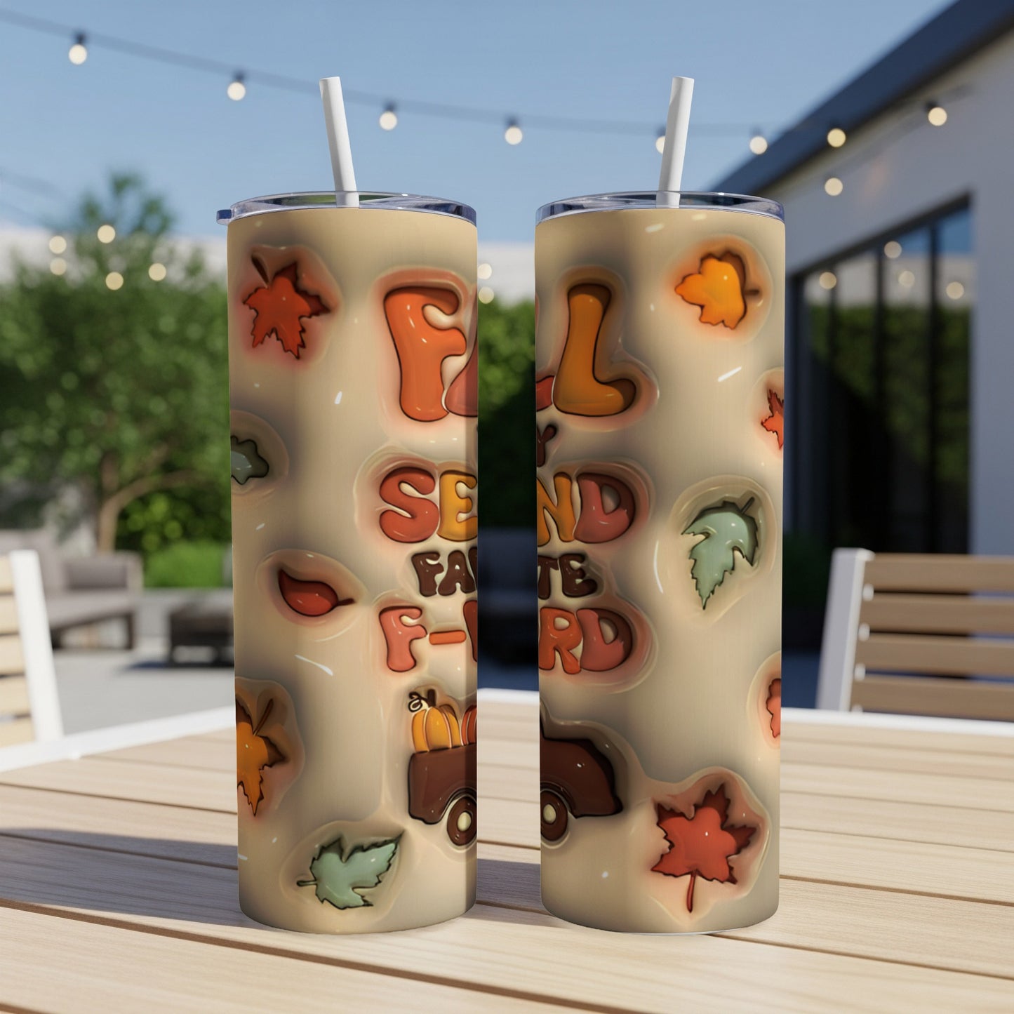Fall Send Favorite Ford tumbler with autumn leaves and pumpkin truck design.