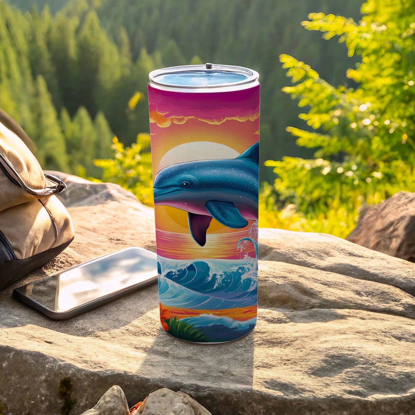 Dolphin leaping over ocean waves with sunset behind on a tumbler.