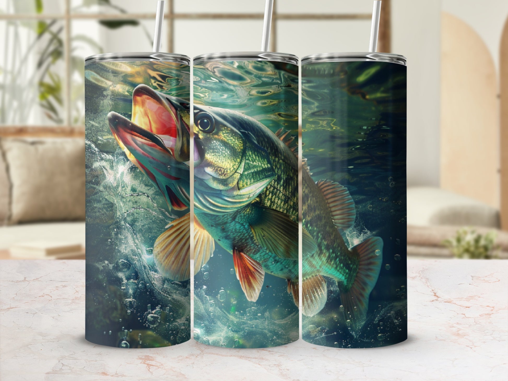 Largemouth bass leaping from water, viewed through a tumbler.