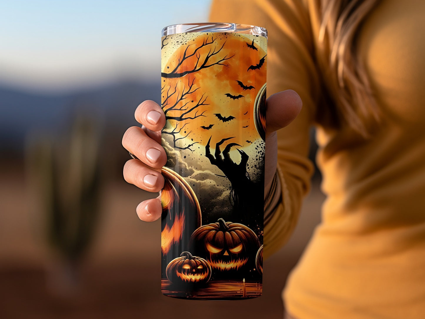Spooky Halloween Tree Bats and Pumpkin Tumbler