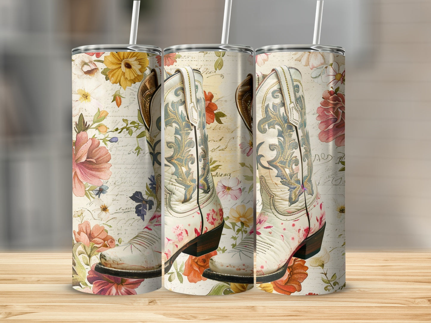 White cowboy boots with floral accents on a patterned background.