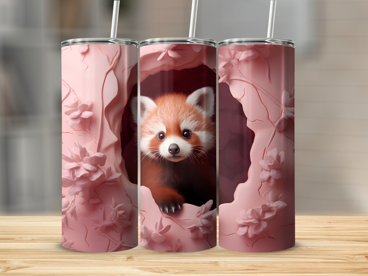 Cute Red Panda Tumbler with Floral Design Tumbler