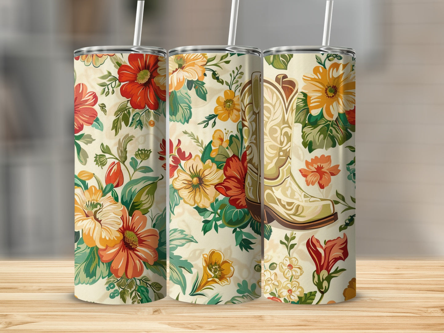 Three tall tumblers with a floral and cowboy boot design.