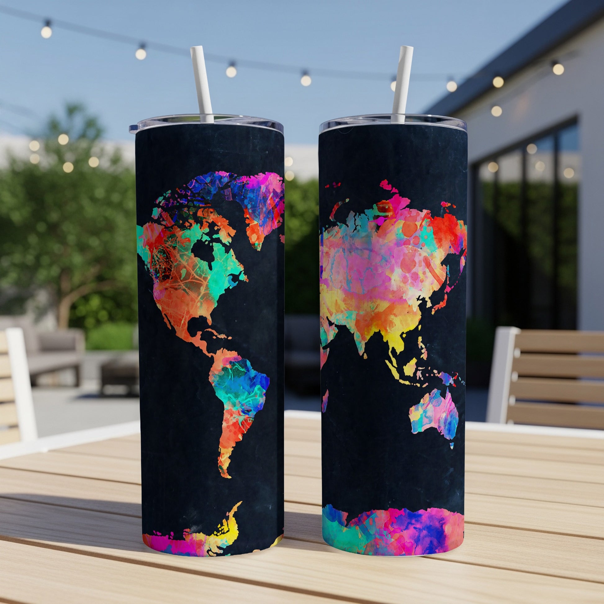 Two tumblers with colorful abstract world map designs on black background.
