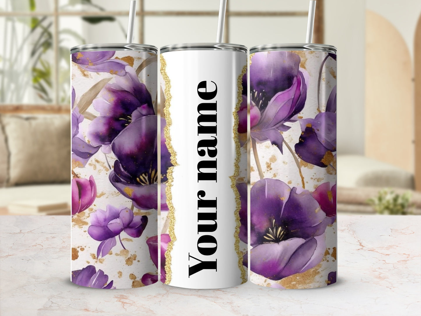Personalized Purple Floral Design Insulated Tumbler
