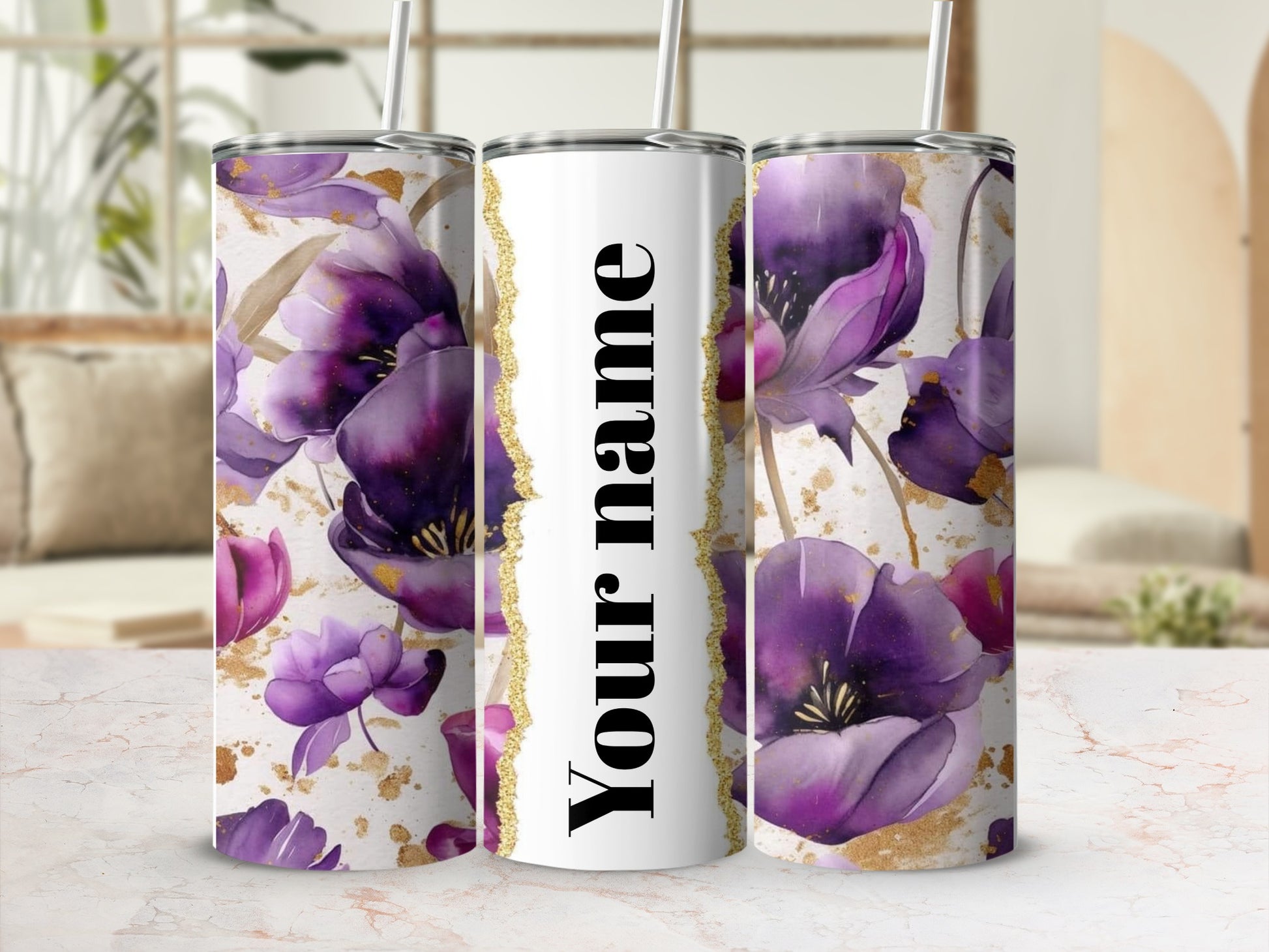 Personalized Purple Floral Design Insulated Tumbler