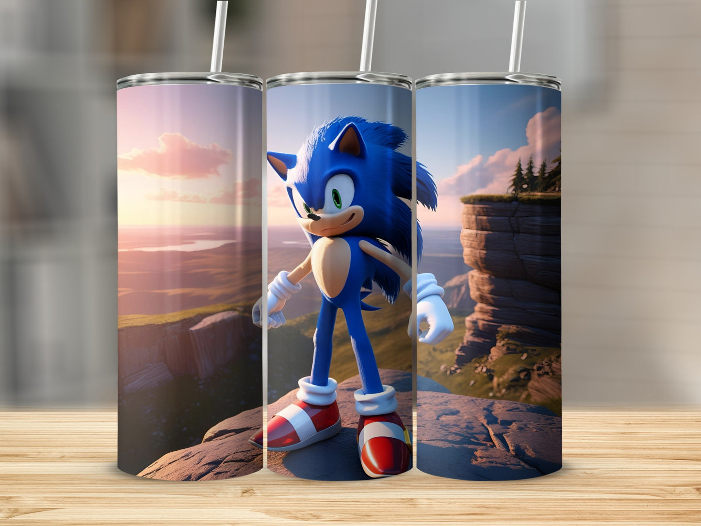 Sonic the Hedgehog character on a cliffside, rendered on three tumblers.
