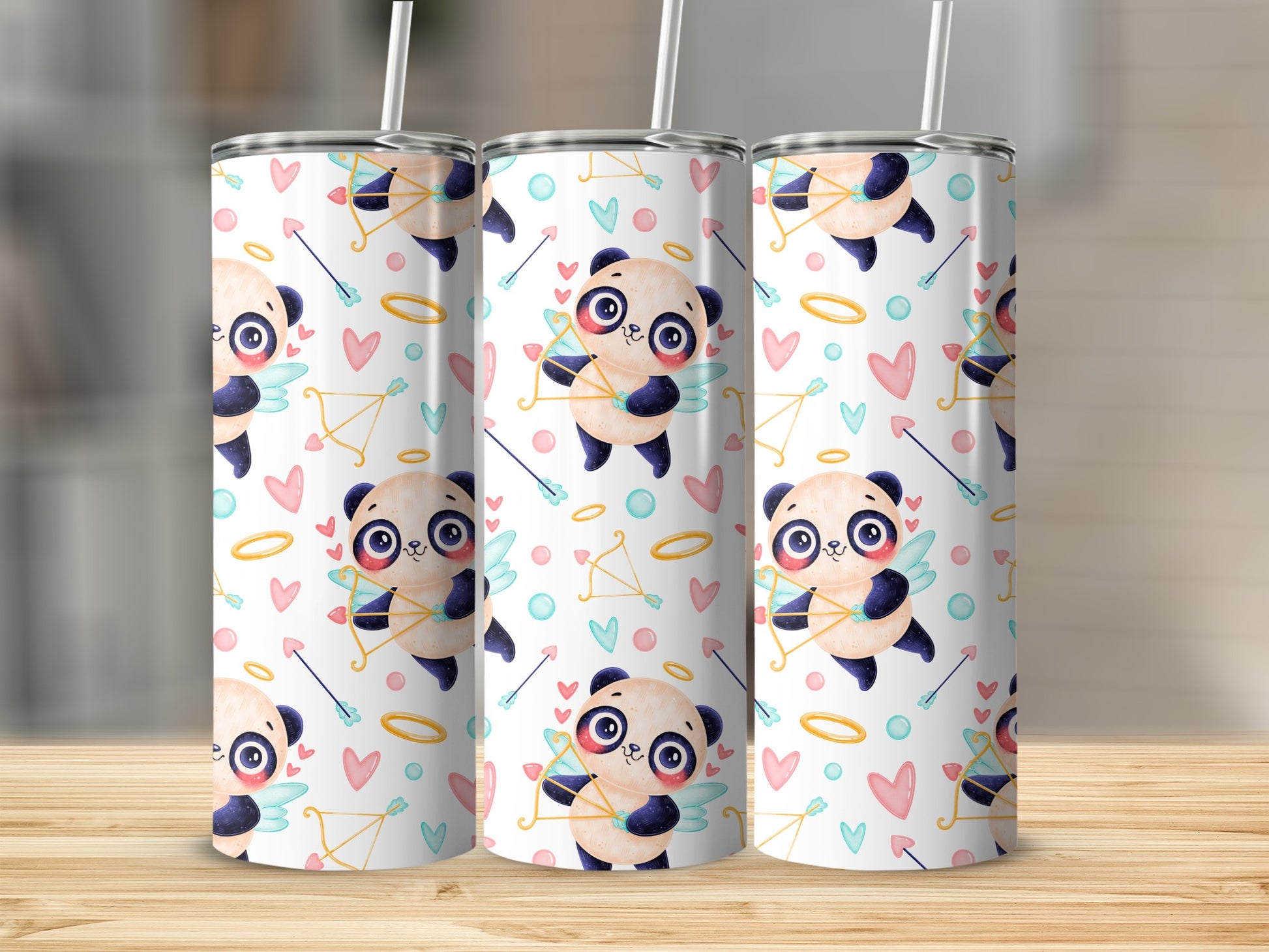 Adorable Panda with Hearts and Arrows Design Tumbler