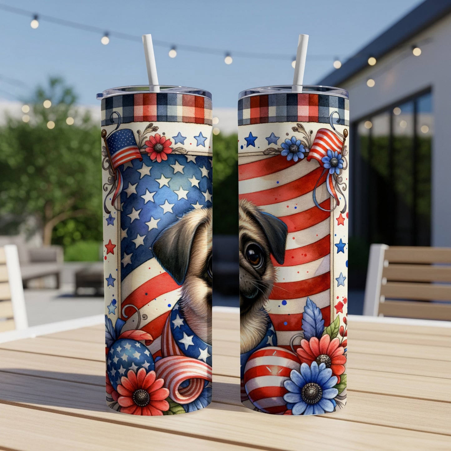 Patriotic pug with American flag and fireworks design on tumblers.