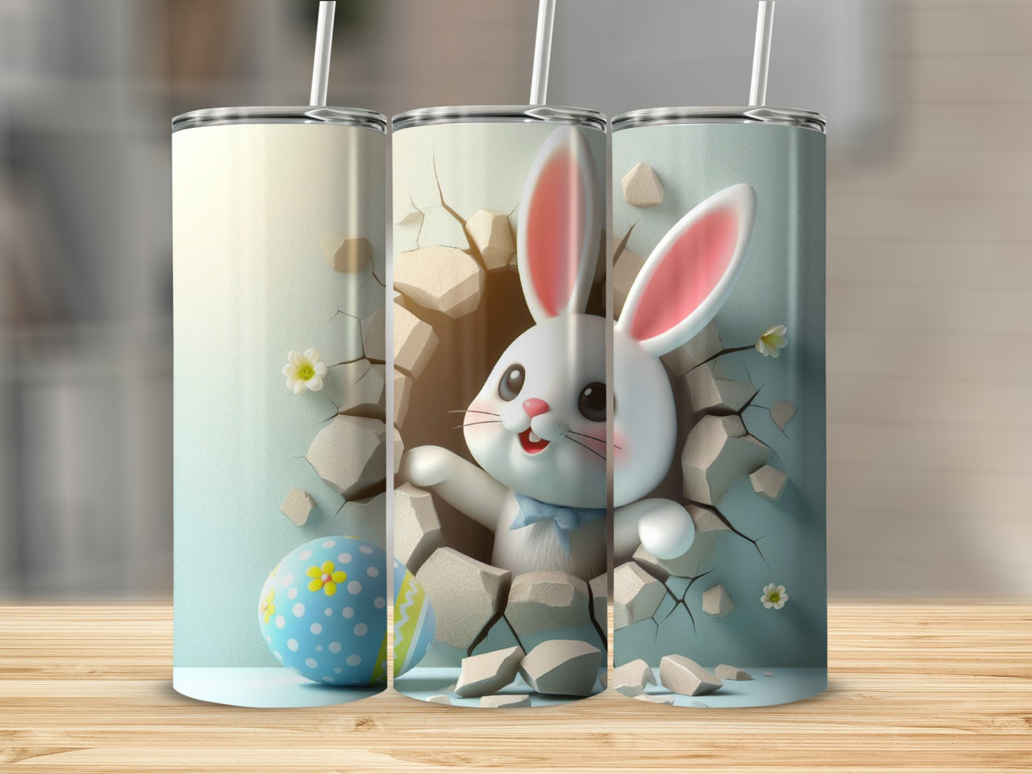 Easter bunny peeking through cracked wall with egg, pastel background
