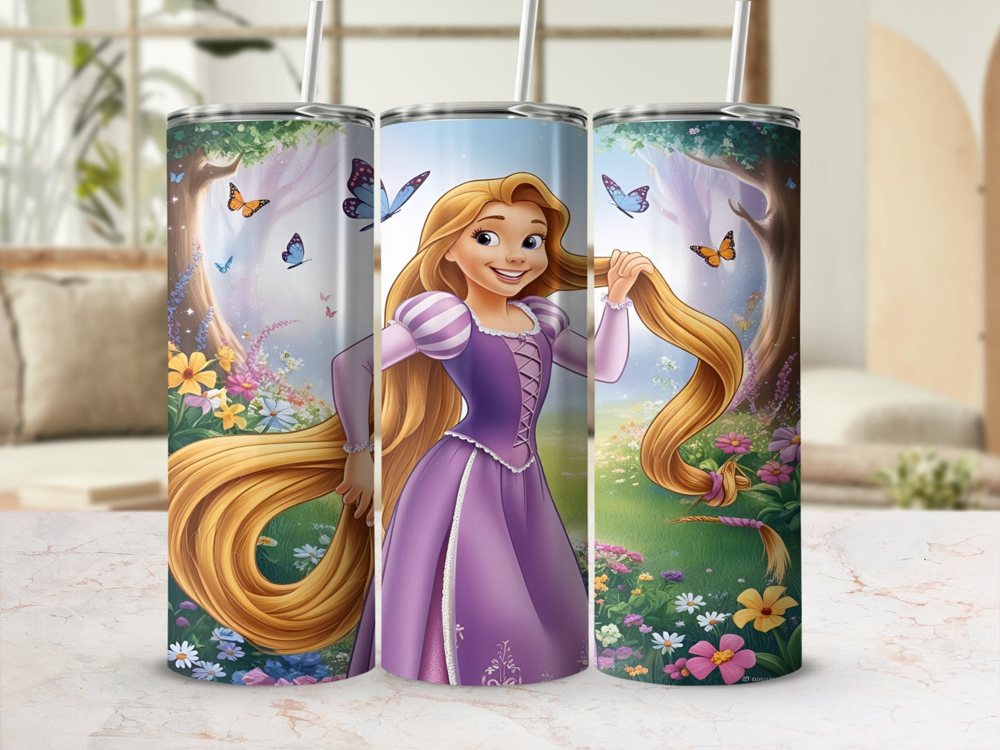Rapunzel in a purple dress with long blonde hair, surrounded by a forest and butterflies.