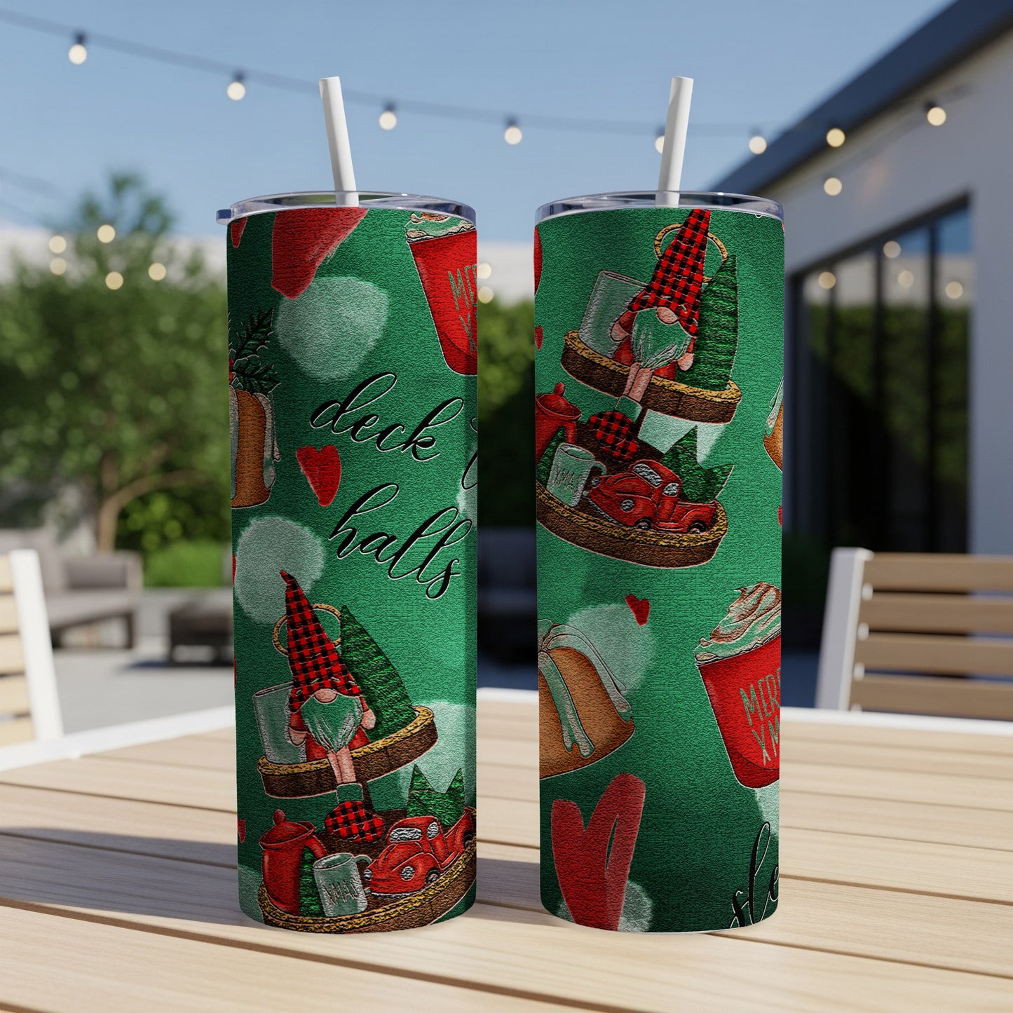 Two tumblers with a "deck the halls" gnome and Christmas design.