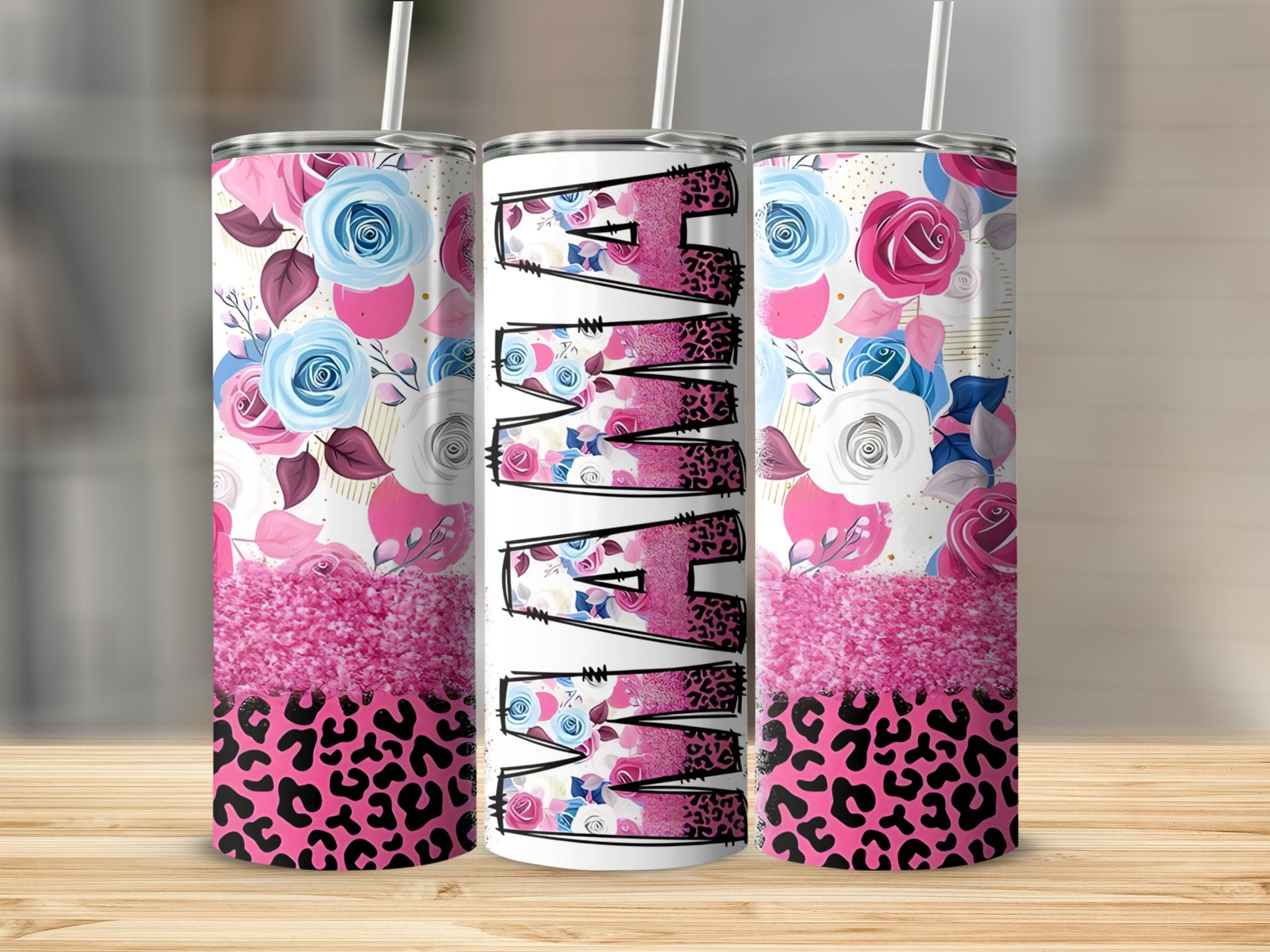 Mama tumbler with pink roses, blue flowers, and leopard print.