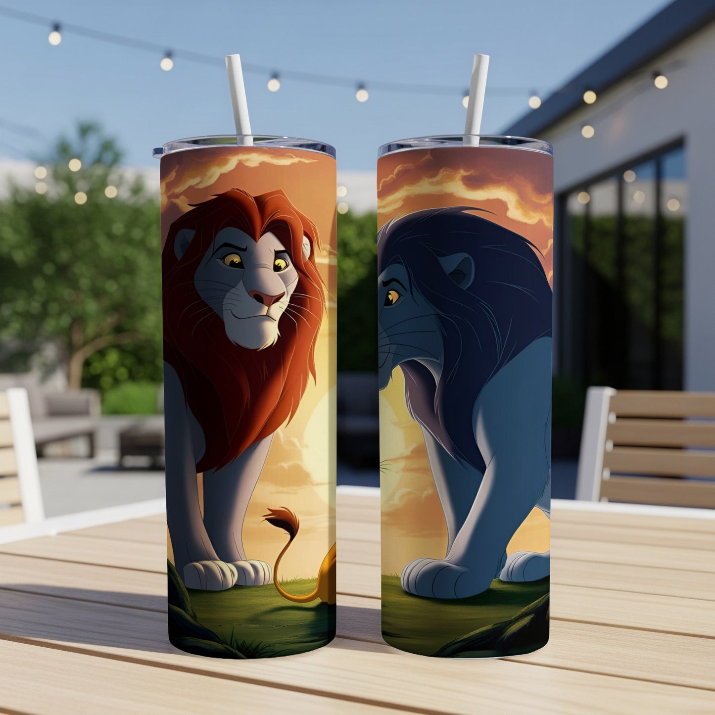 Two stylized lions, one red-maned, one blue-maned, on a tumbler.