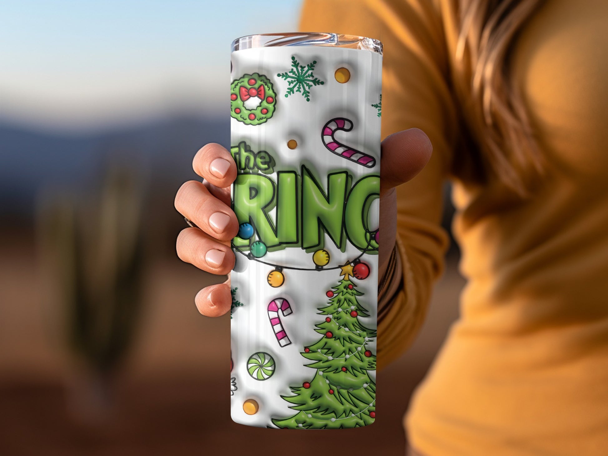 Festive Grinch Holiday Tumbler with Candy Canes and Trees