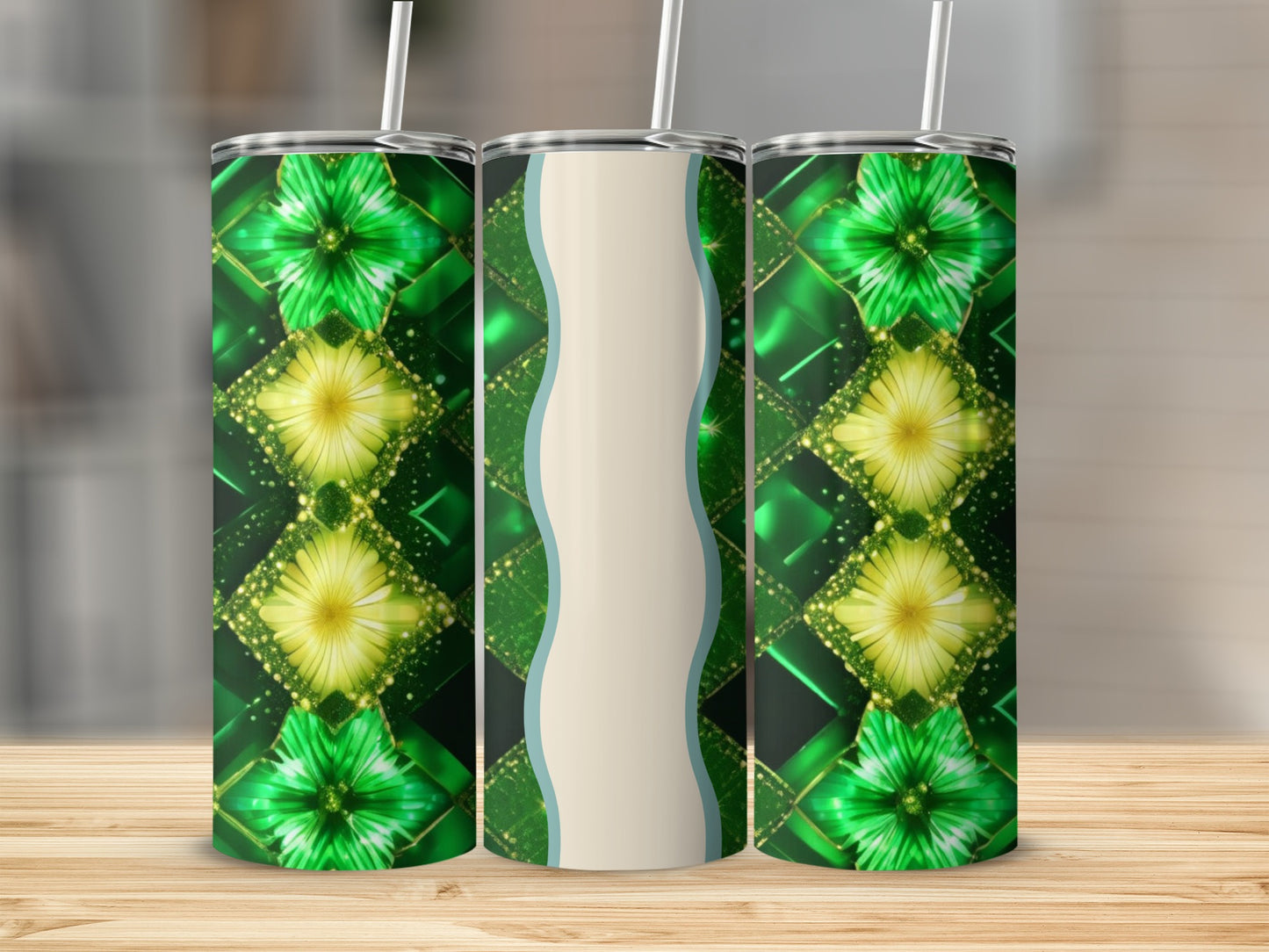 Green and yellow floral tumbler with vertical stripe design.