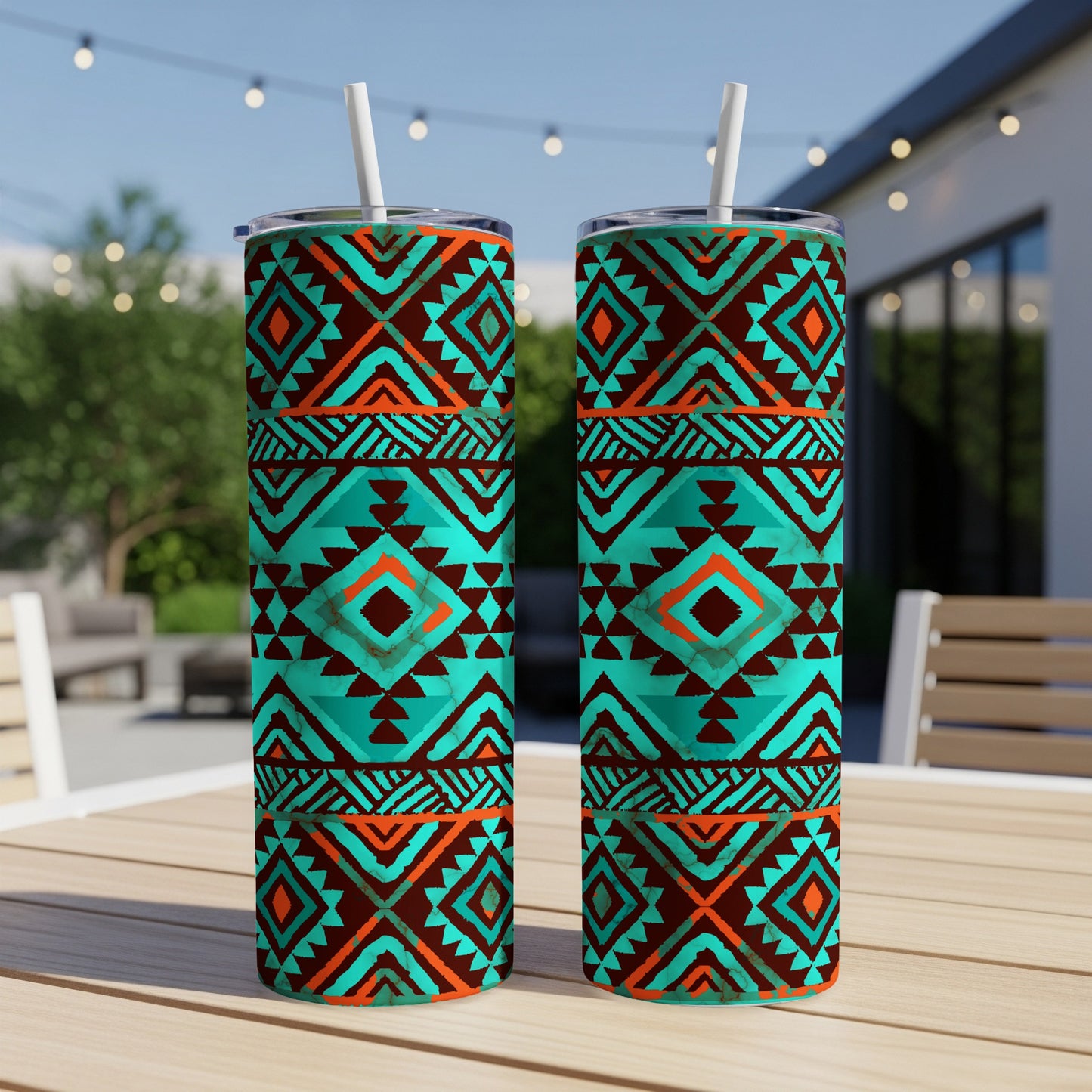 Two teal and orange geometric patterned tumblers with straws on a table.