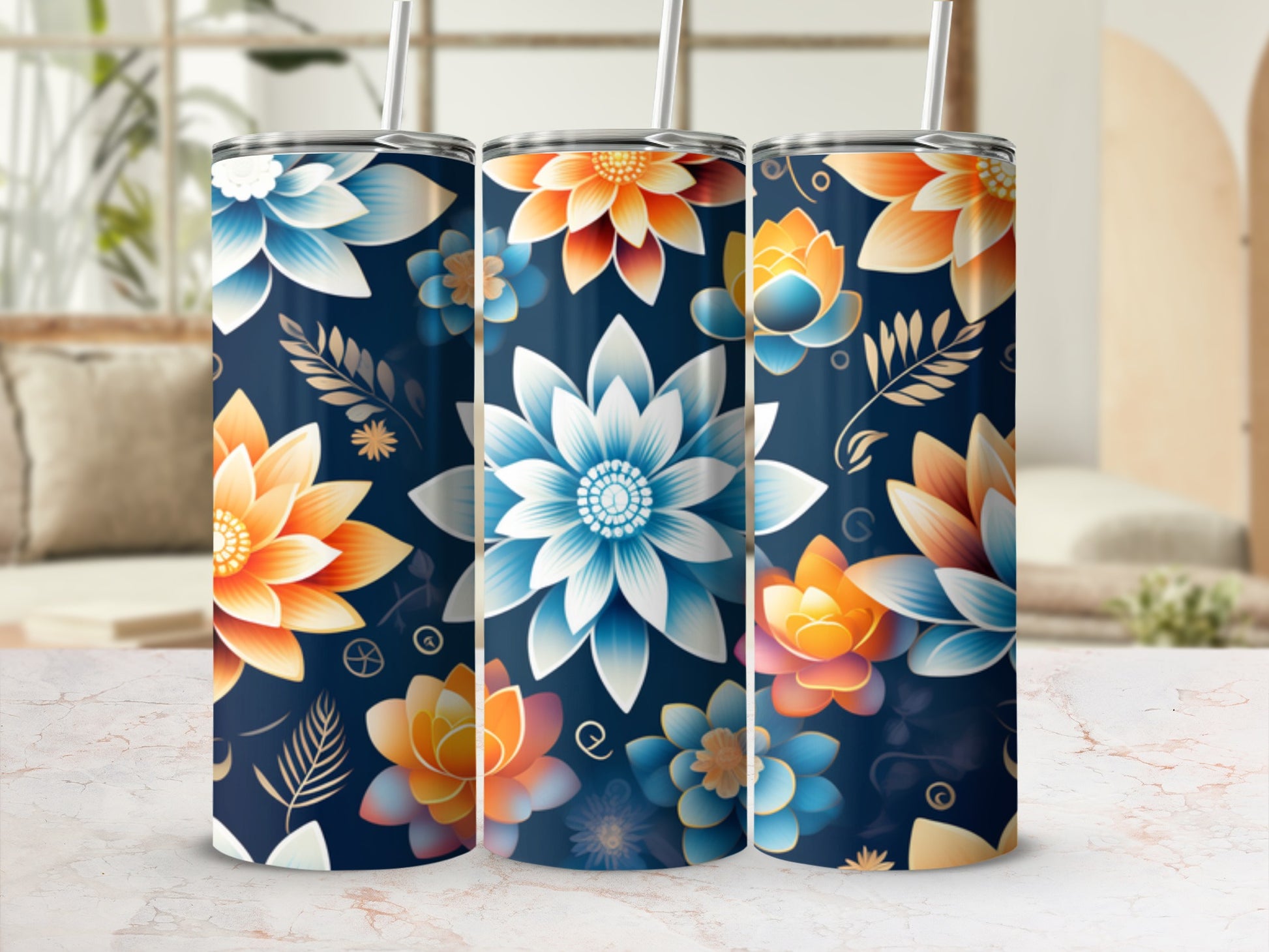 Three tumblers with navy background and colorful floral designs.