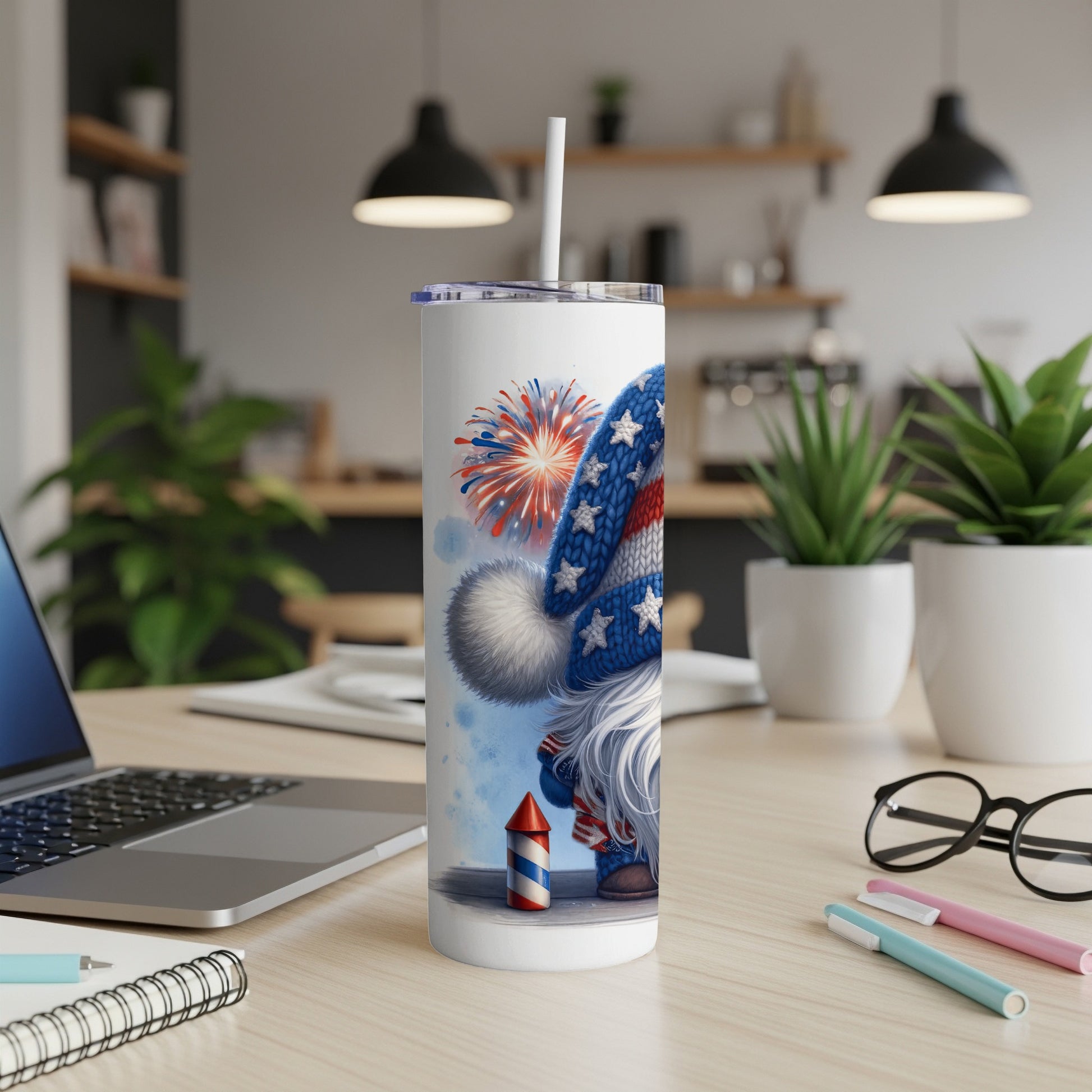 Gnome in patriotic hat with fireworks, on a white tumbler cup.