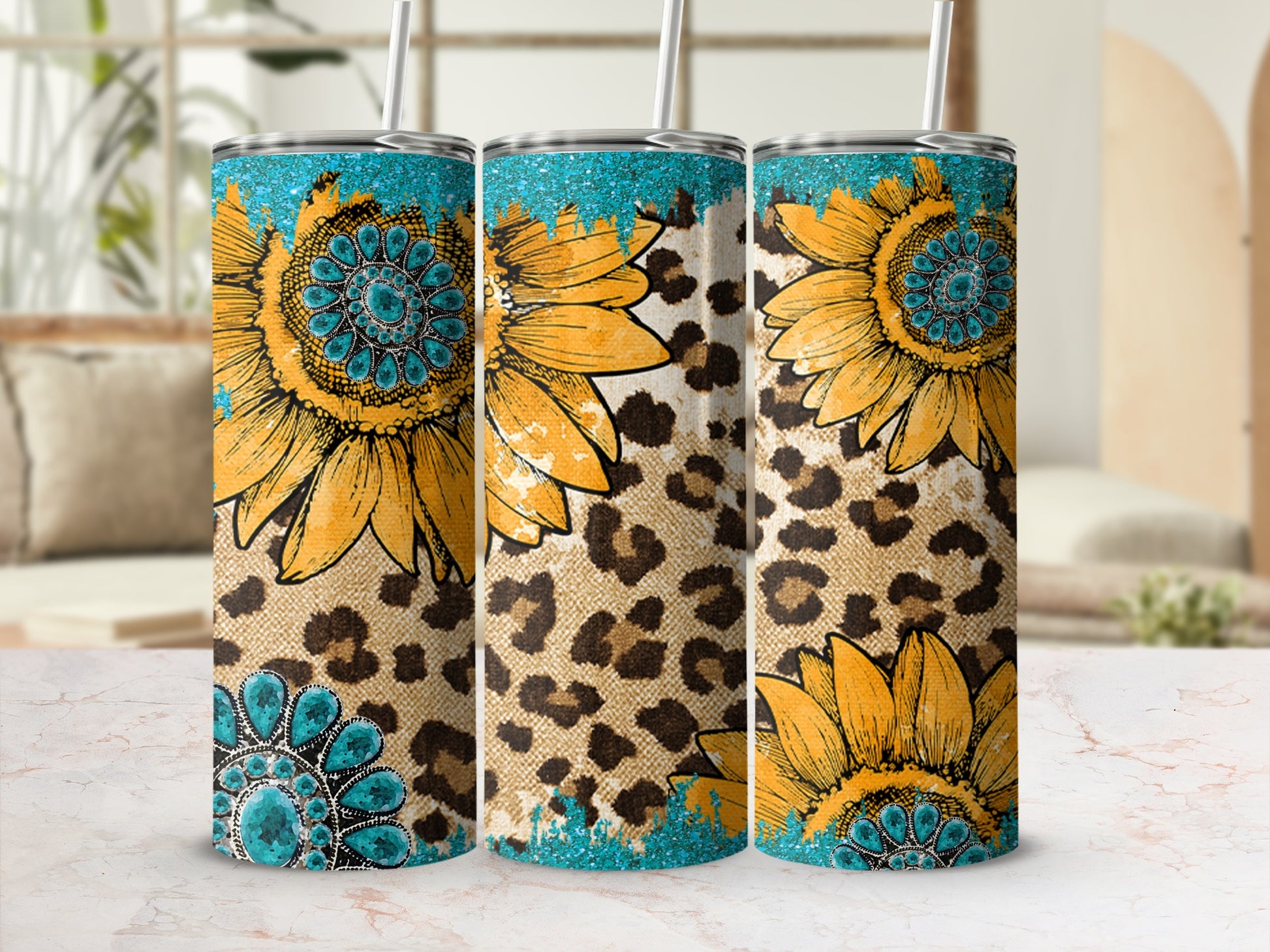 Three tumblers with sunflowers and leopard print designs.