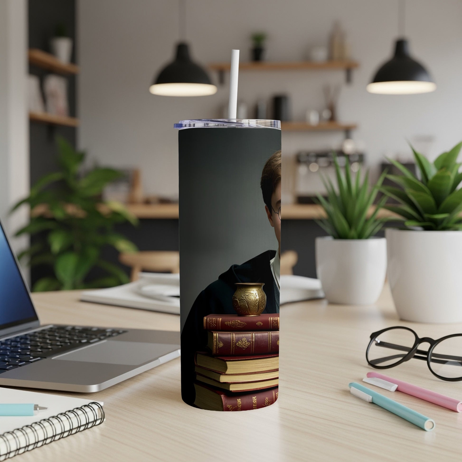 Harry Potter character leaning against stack of books on desk with laptop.