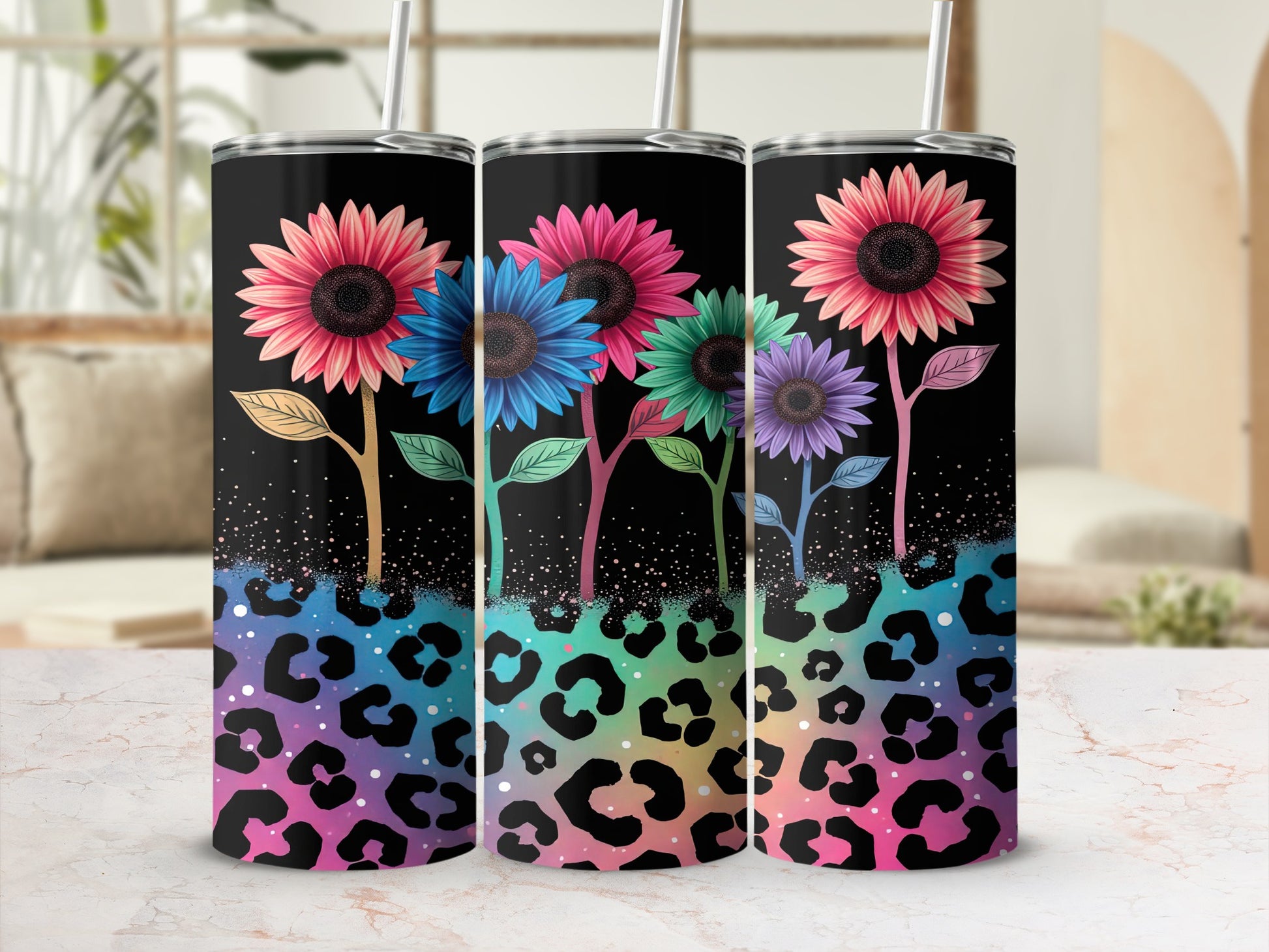 Colorful Sunflowers and Leopard Print Tumbler