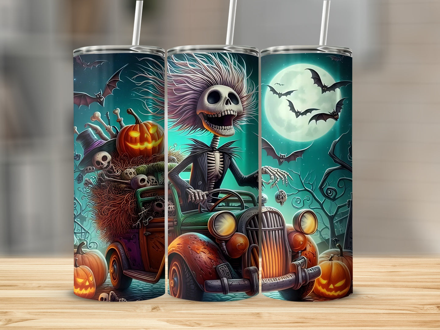 Halloween Skeleton Driving Vintage Car Tumbler Cup