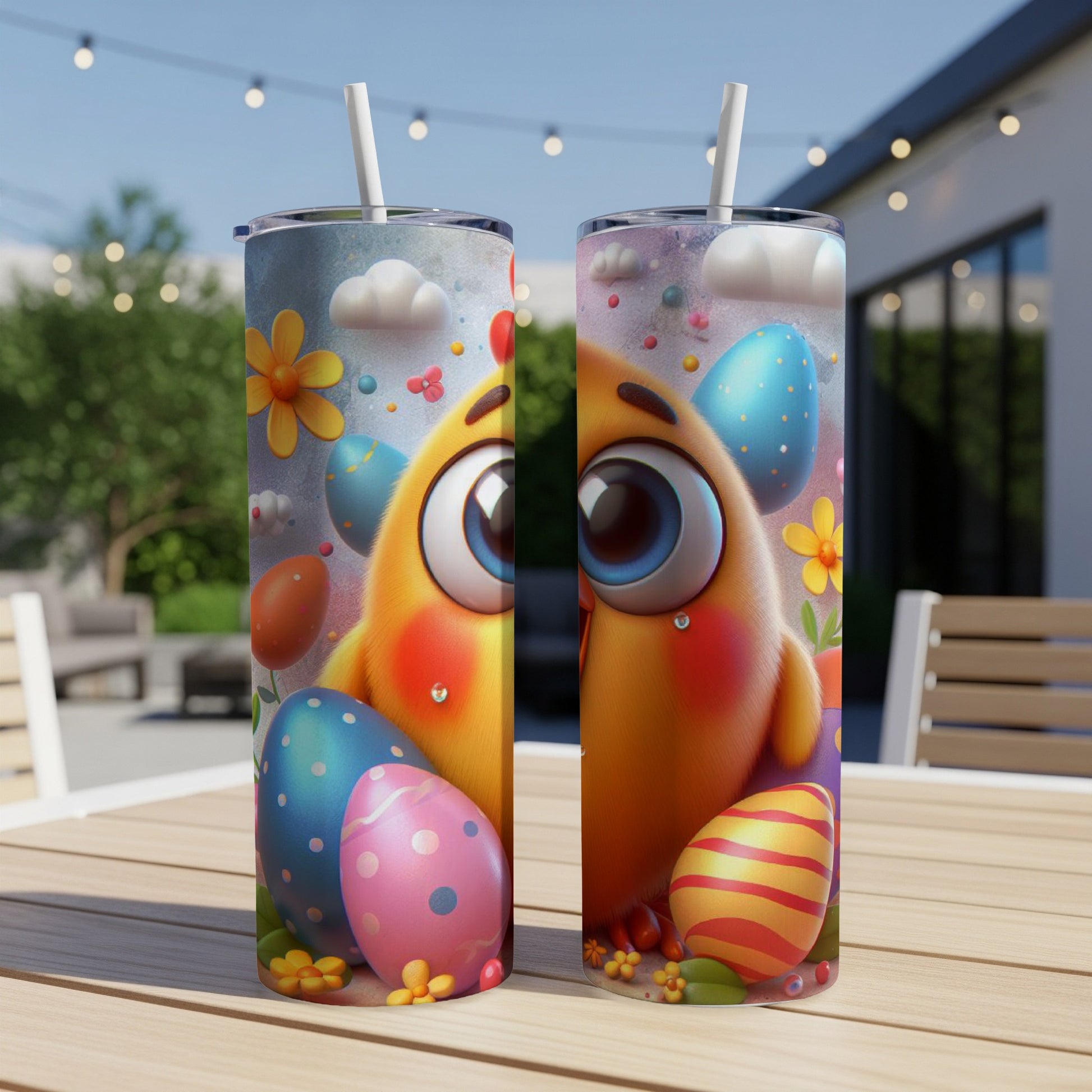 Two Easter chick tumblers with colorful eggs, set outdoors on a wooden table.