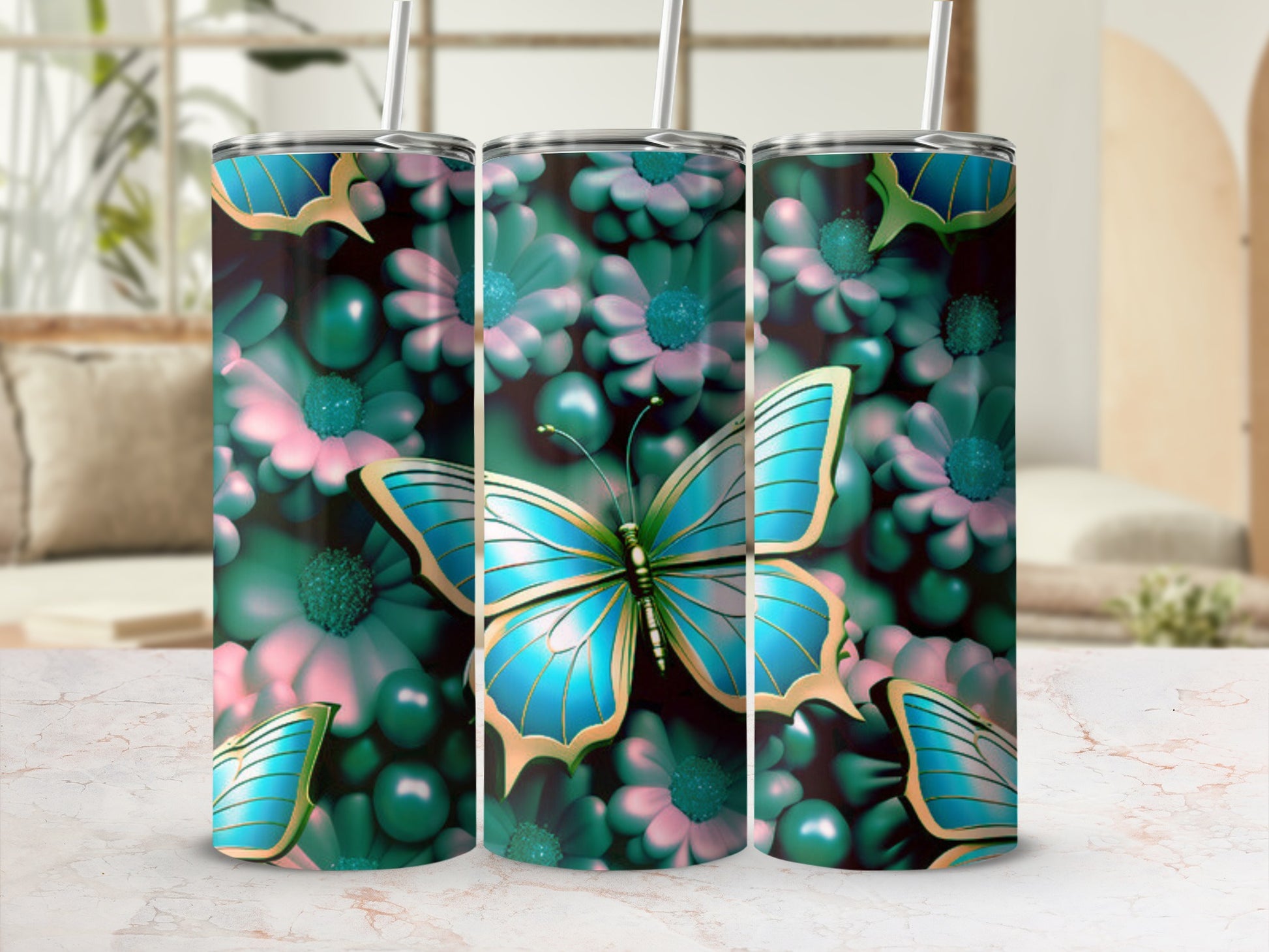 Blue butterfly and floral pattern on three tumblers.