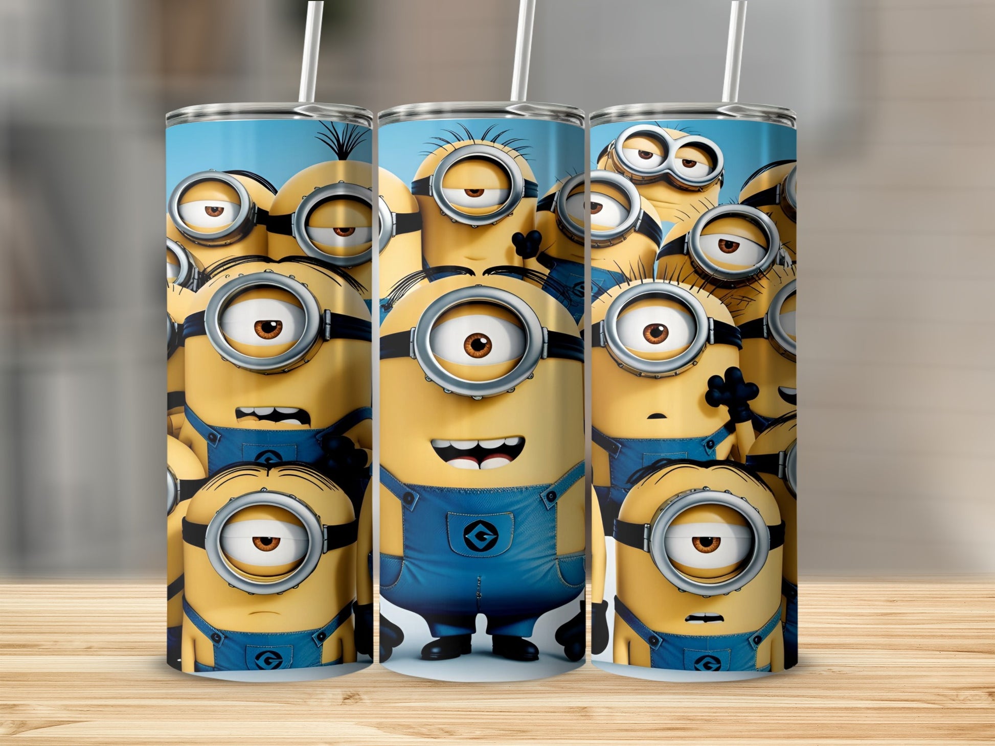 Several Minion characters with goggles and blue overalls gather closely on a cylindrical tumbler.