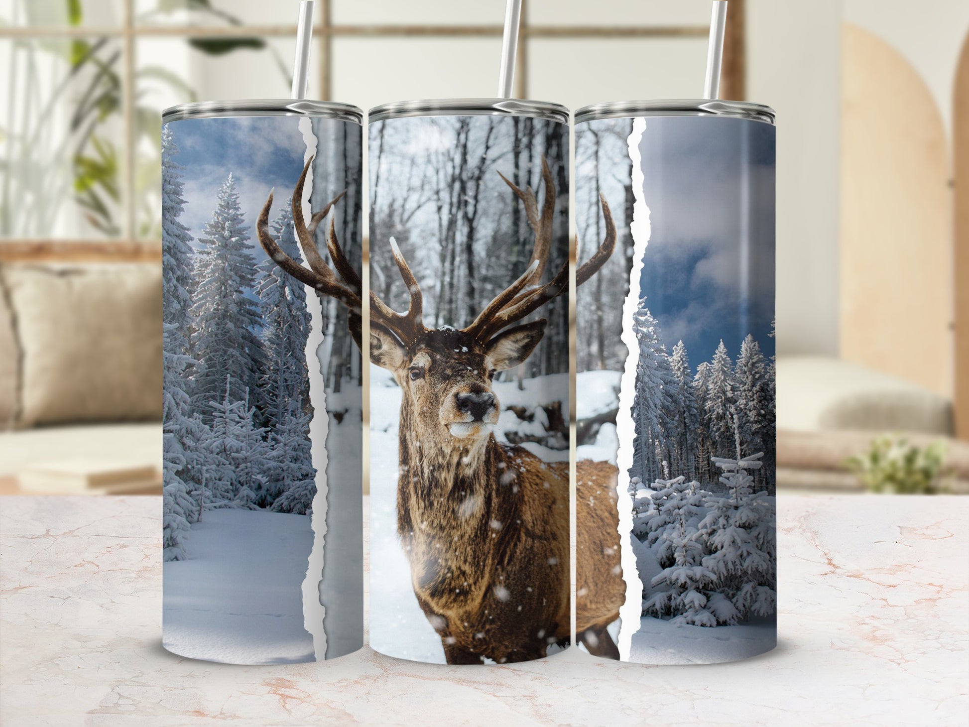 Deer in snowy forest on a white tumbler with straw.