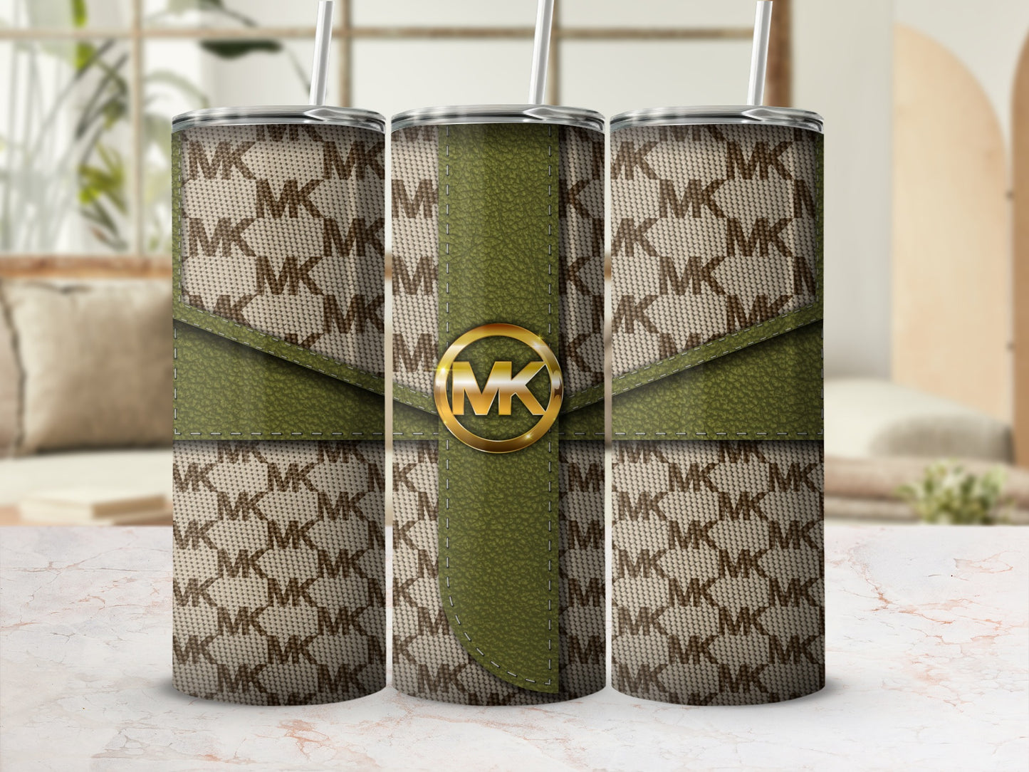 Stylish MK Logo Pattern Insulated Tumbler with Lid