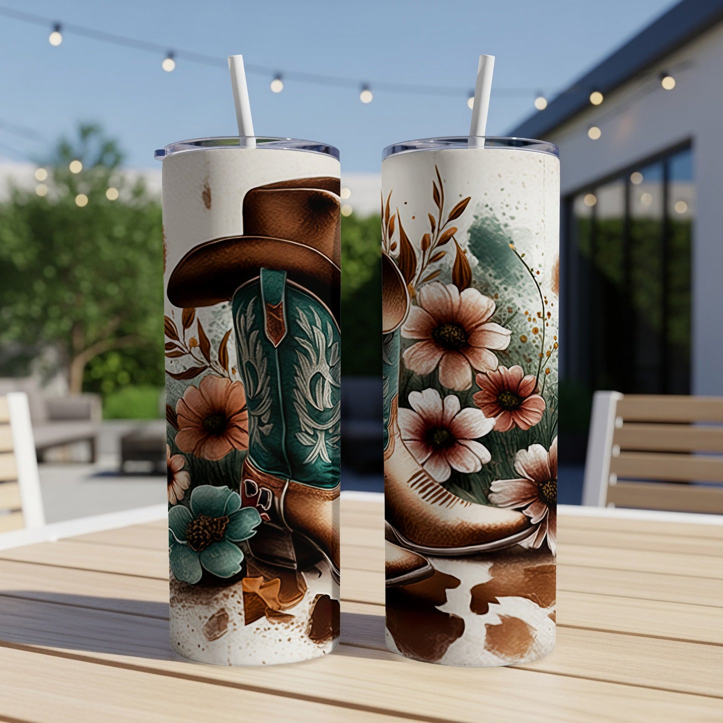 Two cowboy boots and wildflowers on a tumbler, with a cowhide pattern accent.