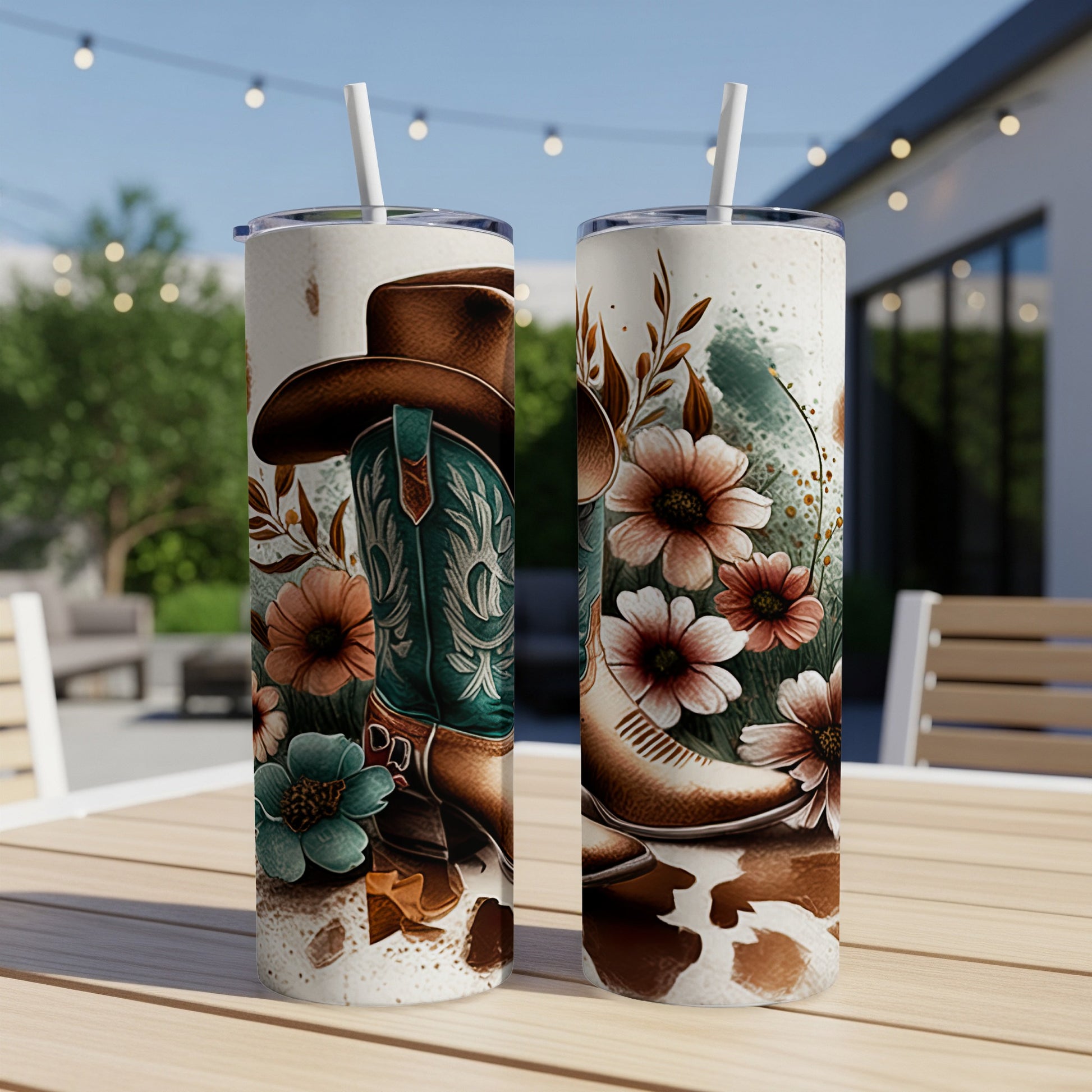 Two cowboy boots and wildflowers on a tumbler, with a cowhide pattern accent.