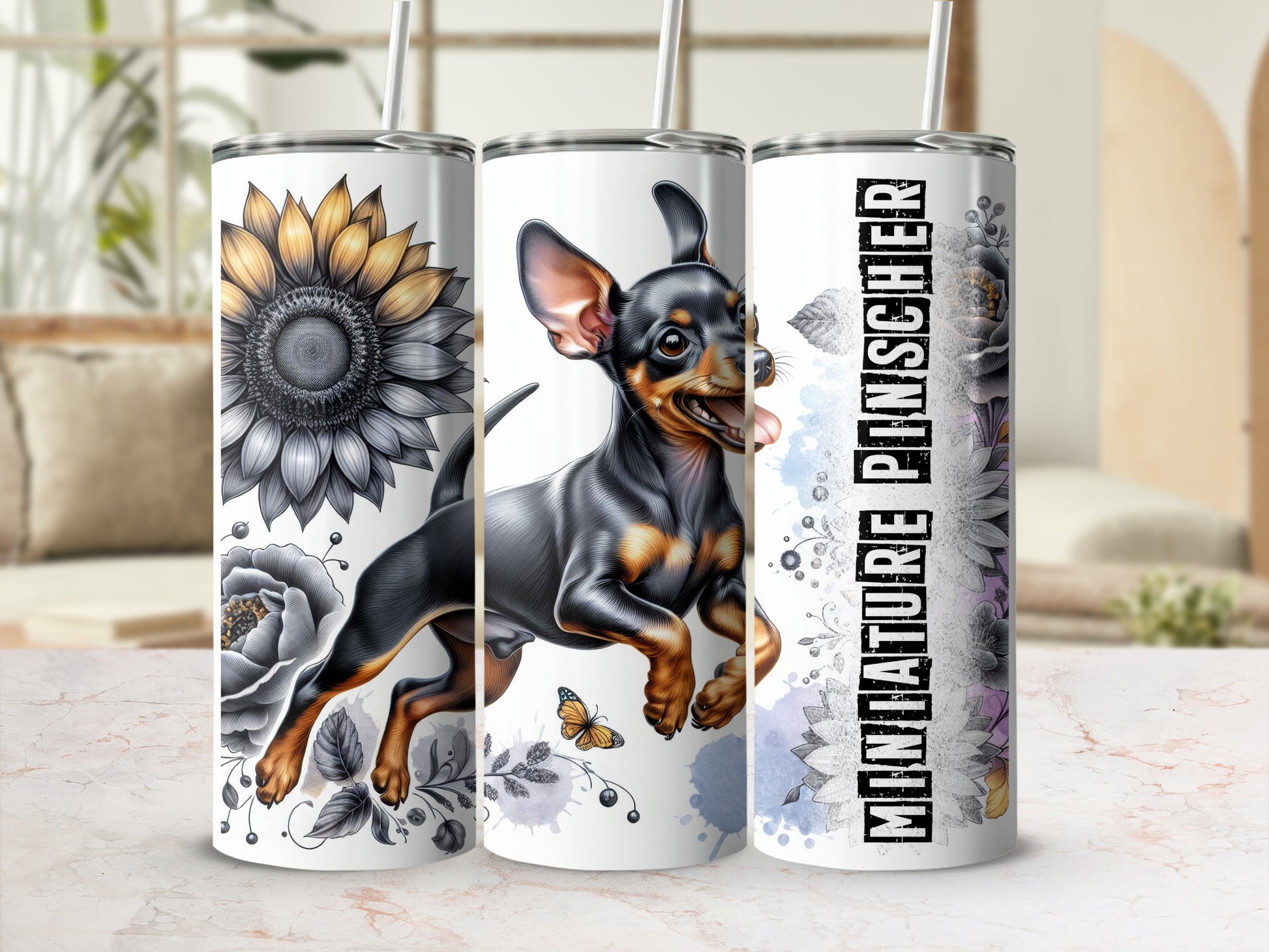 Miniature Pinscher dog with sunflower and floral pattern on a tumbler.