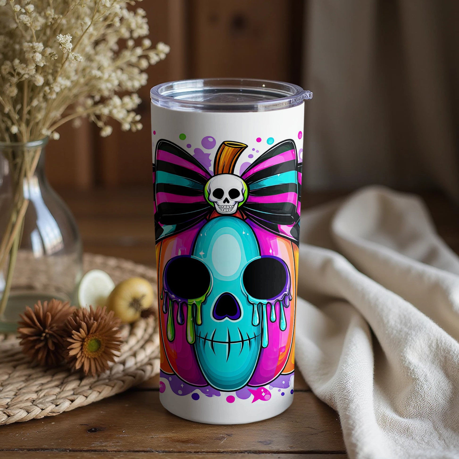 Colorful Skull Pumpkin with Bow Insulated Tumbler