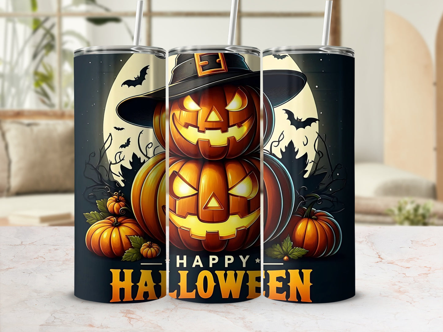 Three tumblers with jack-o'-lanterns, bats, and "Happy Halloween" text.