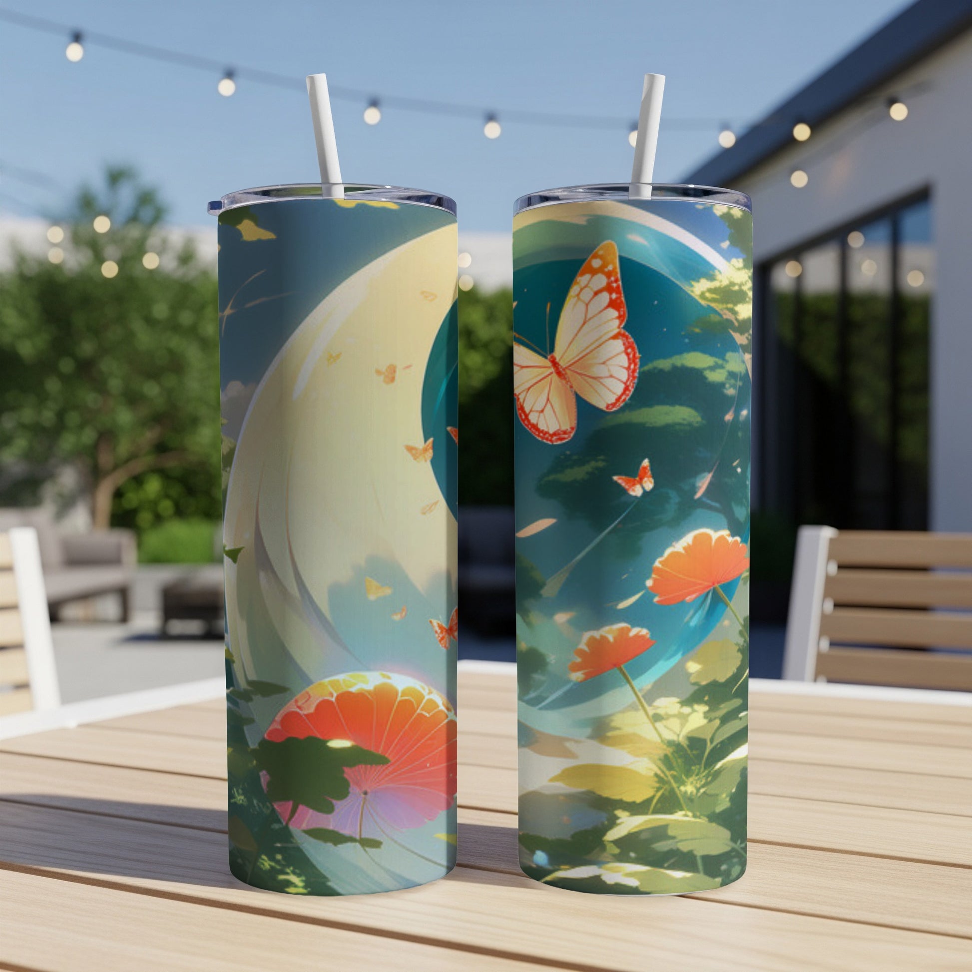 Two tumblers with a whimsical butterfly and floral design.