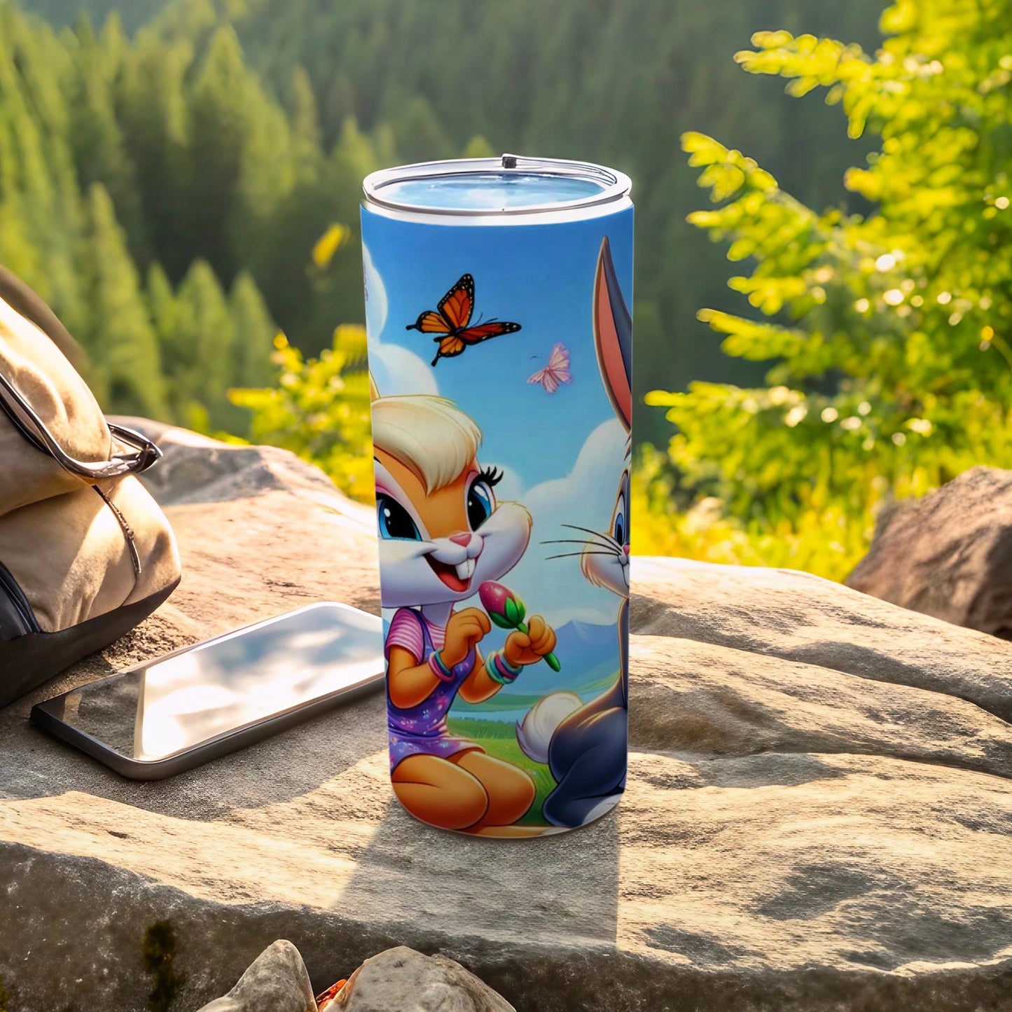 Bunny Character and Butterfly Print Travel Mug