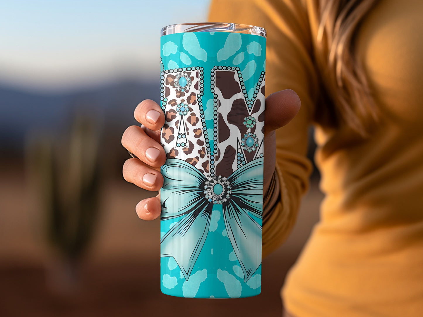 Teal Cowhide Print Tumbler With Large Bow Design
