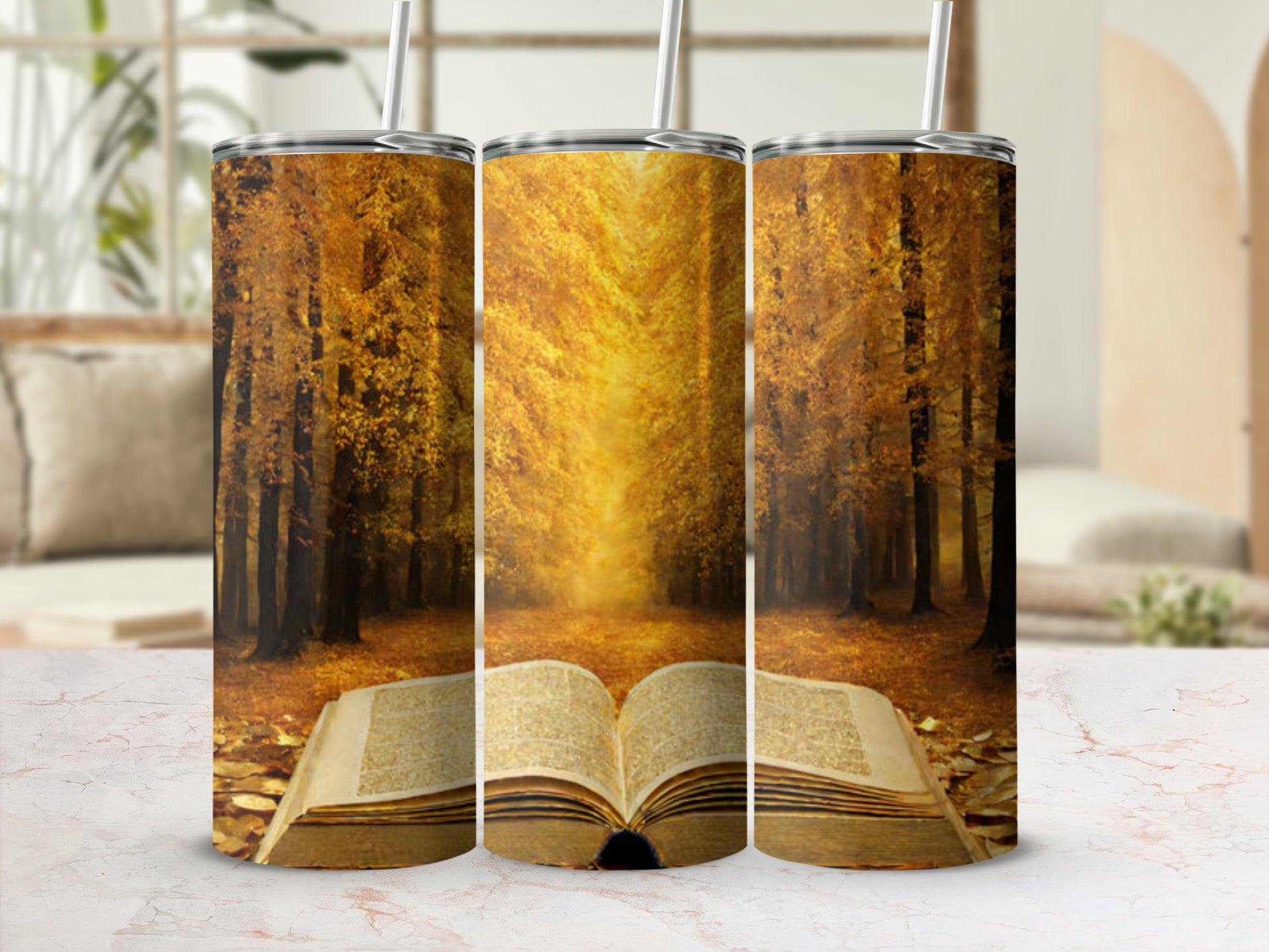 Autumn forest pathway and open book on textured surface.