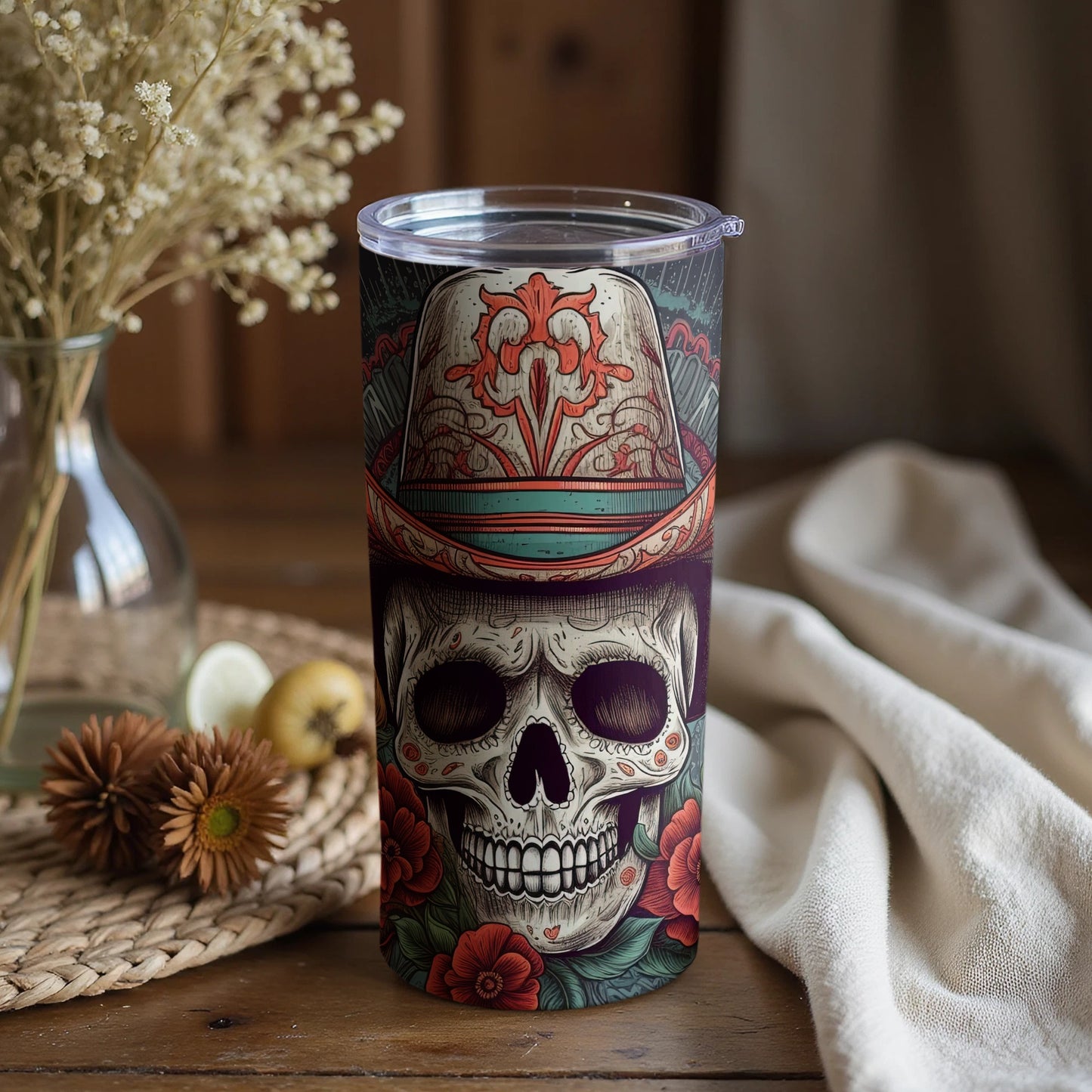 Detailed Skull and Floral Design Tumbler perfect Gift