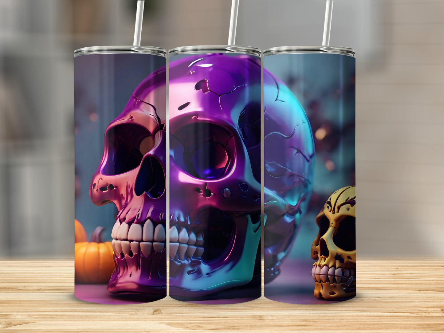 Metallic purple and gold skulls with straws on a wooden surface.